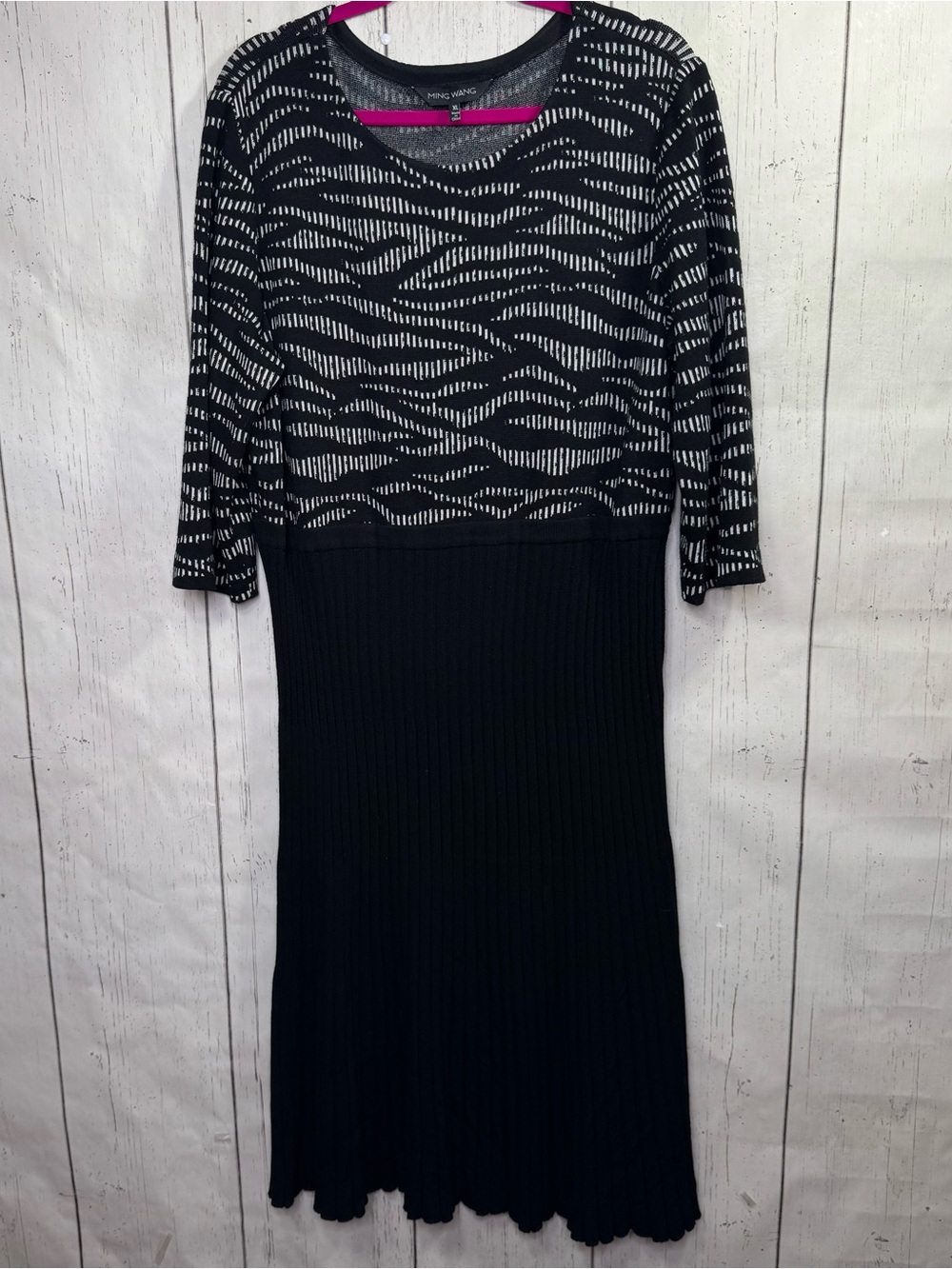 Ming Wang Black White XL Abstract Knit Midi Dress Ribbed Quiet Luxury Artsy Work